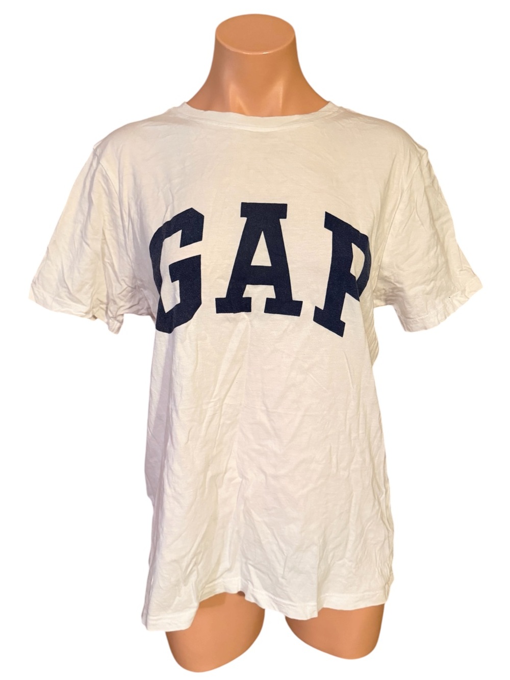 GAP Mens Medium White Navy Blue Spellout Classic Logo Short Sleeve T-Shirt Tee